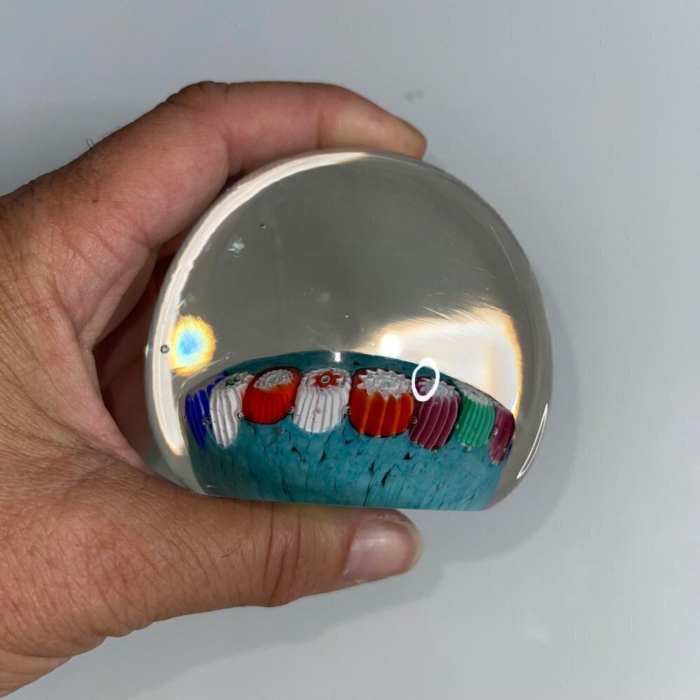 Vintage Millefiori Art Glass Turquoise Multicolor Paperweight Collectible - Picture 15 of 15